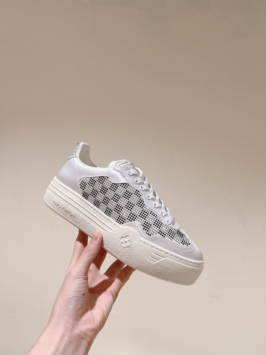 LOUIS VUITTON LV GROOVY SNEAKER IN WHITE MIX BLACK DAMIER STRASS AND CALFSKIN