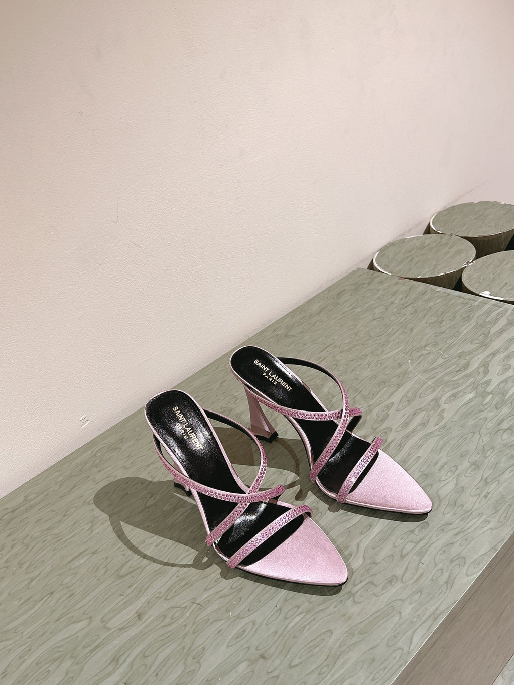 LOUIS VUITTON HIGH HEEL MULE 10 CM IN BABY PINK SATIN WITH RHINESTONES