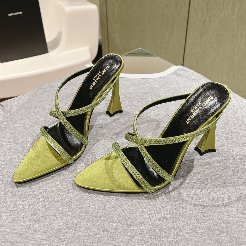 LOUIS VUITTON HIGH HEEL MULE 10 CM IN OLIVE GREEN SATIN WITH RHINESTONES