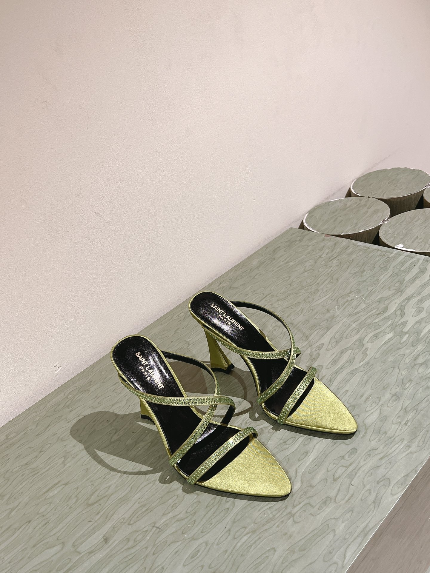 LOUIS VUITTON HIGH HEEL MULE 10 CM IN OLIVE GREEN SATIN WITH RHINESTONES