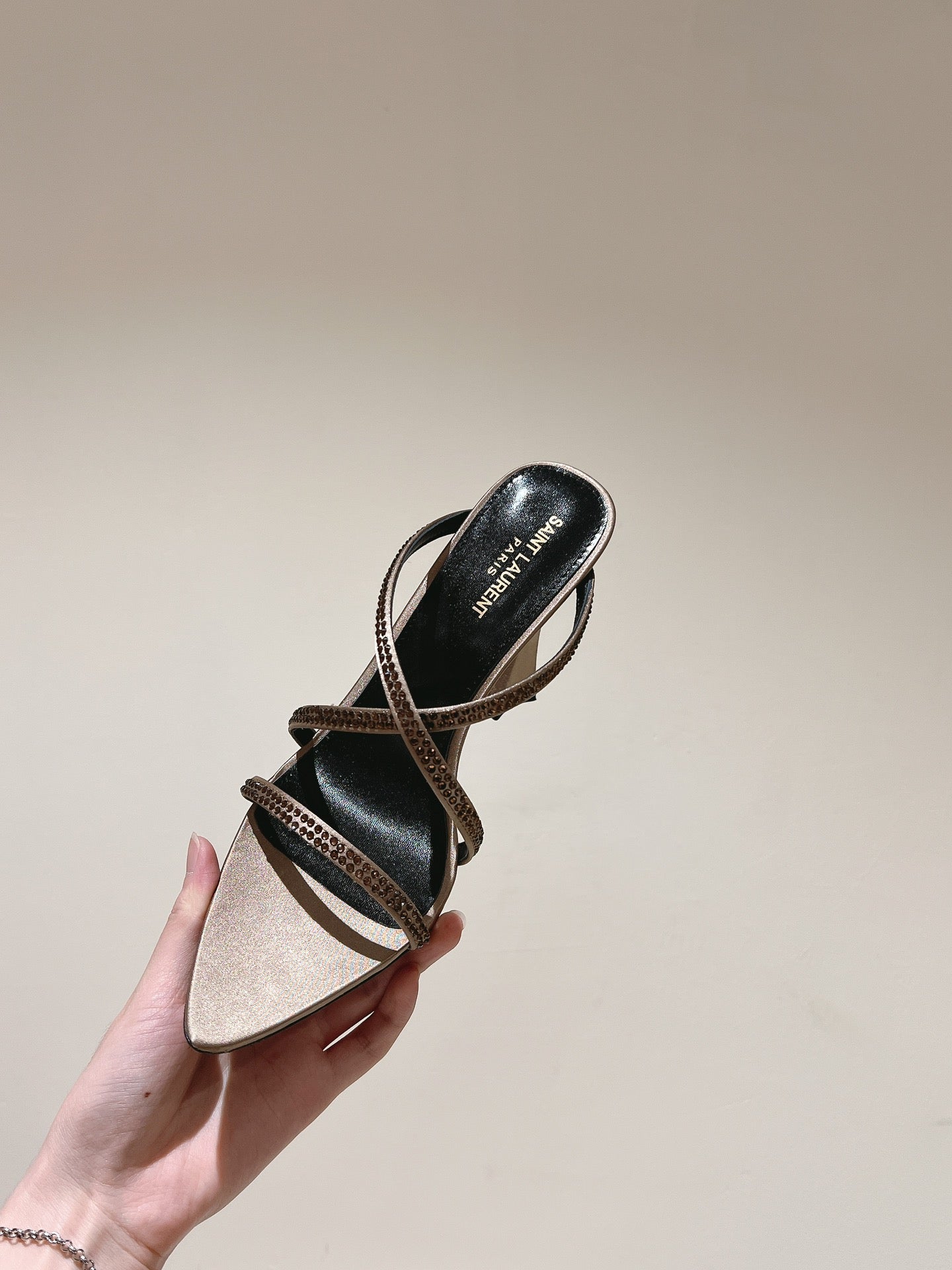 LOUIS VUITTON HIGH HEEL MULE 10 CM IN CAMEL BEIGE SATIN WITH RHINESTONES