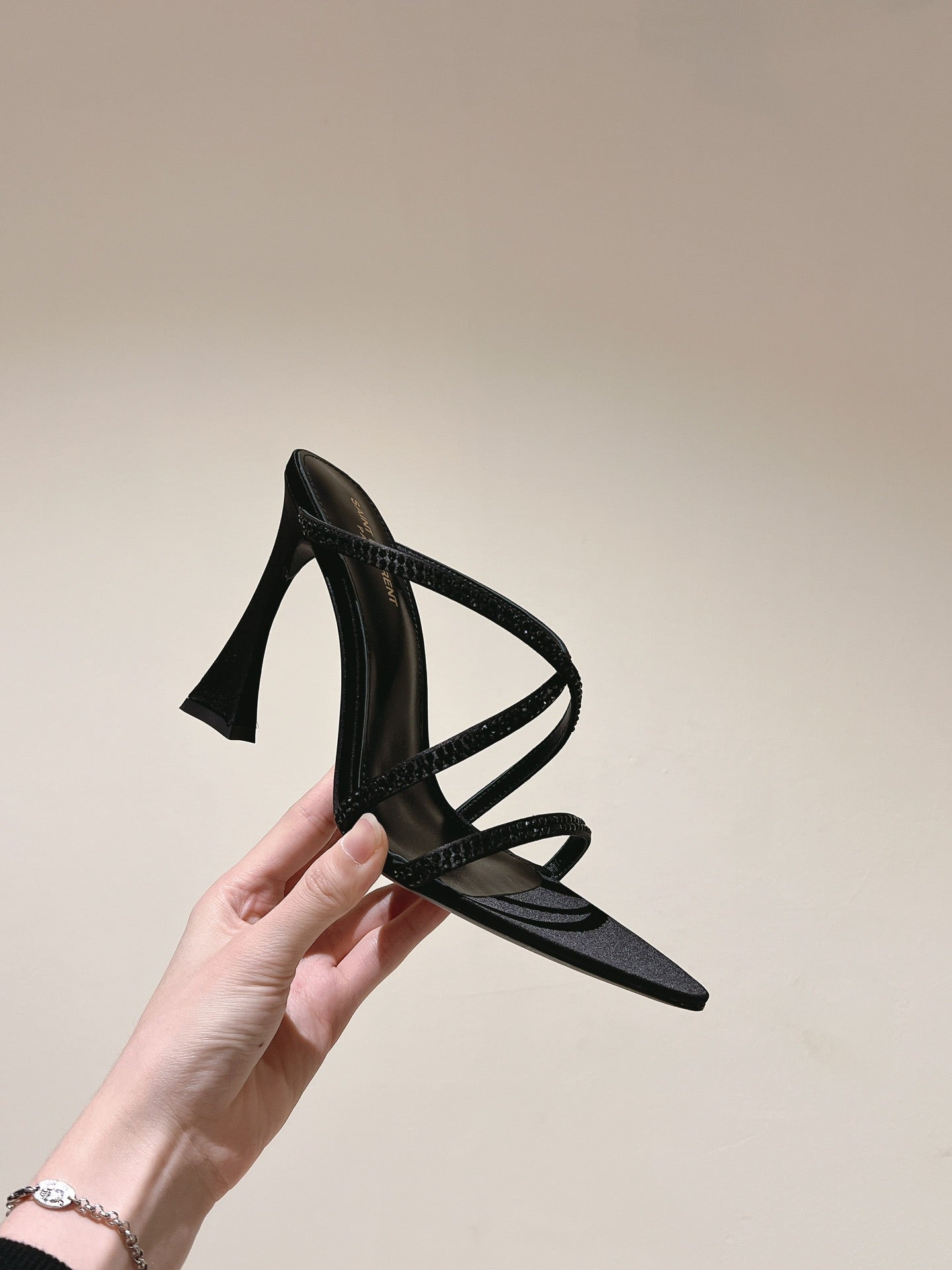 LOUIS VUITTON HIGH HEEL MULE 10 CM IN BLACK SATIN WITH RHINESTONES