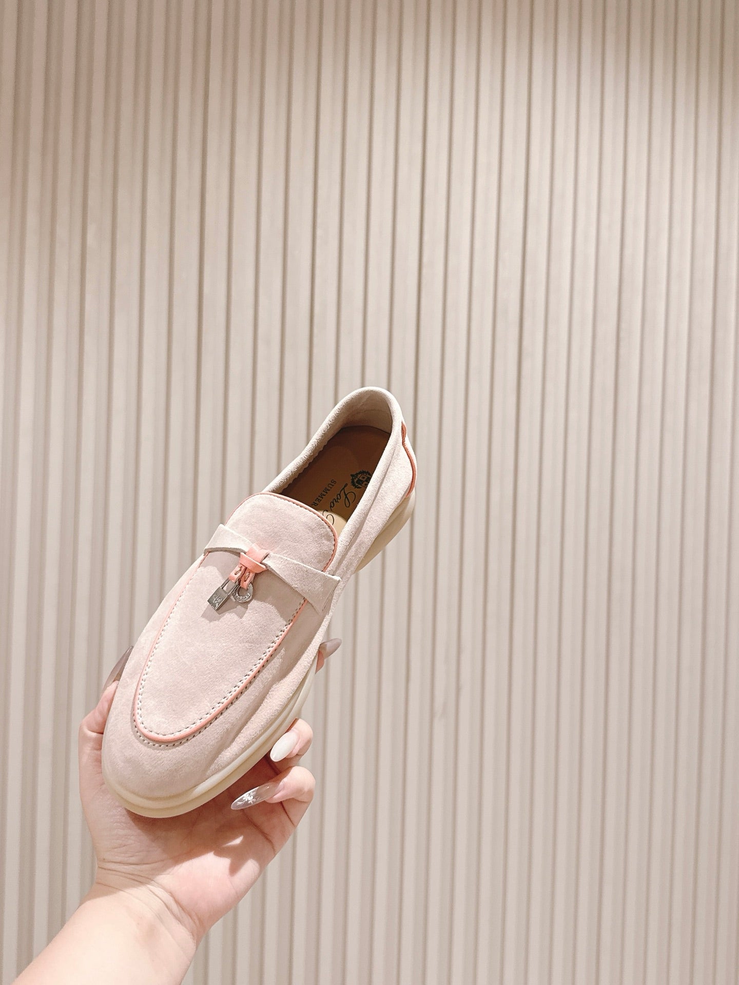 LP LOAFERS 25S IN SOFT BEIGE SUEDE WITH SILVER HARDWARE