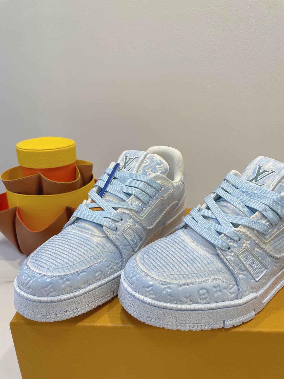 LOUIS VUITTON LV TRAINER MAXI SNEAKER IN WHITE MIX LIGHT BLUE EMBOSSED CALFSKIN