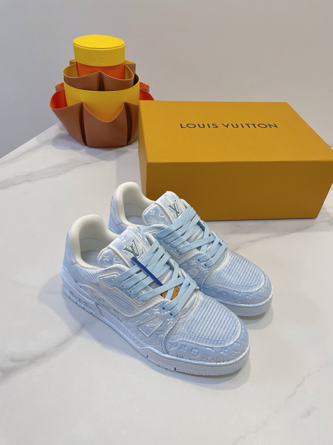 LOUIS VUITTON LV TRAINER MAXI SNEAKER IN WHITE MIX LIGHT BLUE EMBOSSED CALFSKIN