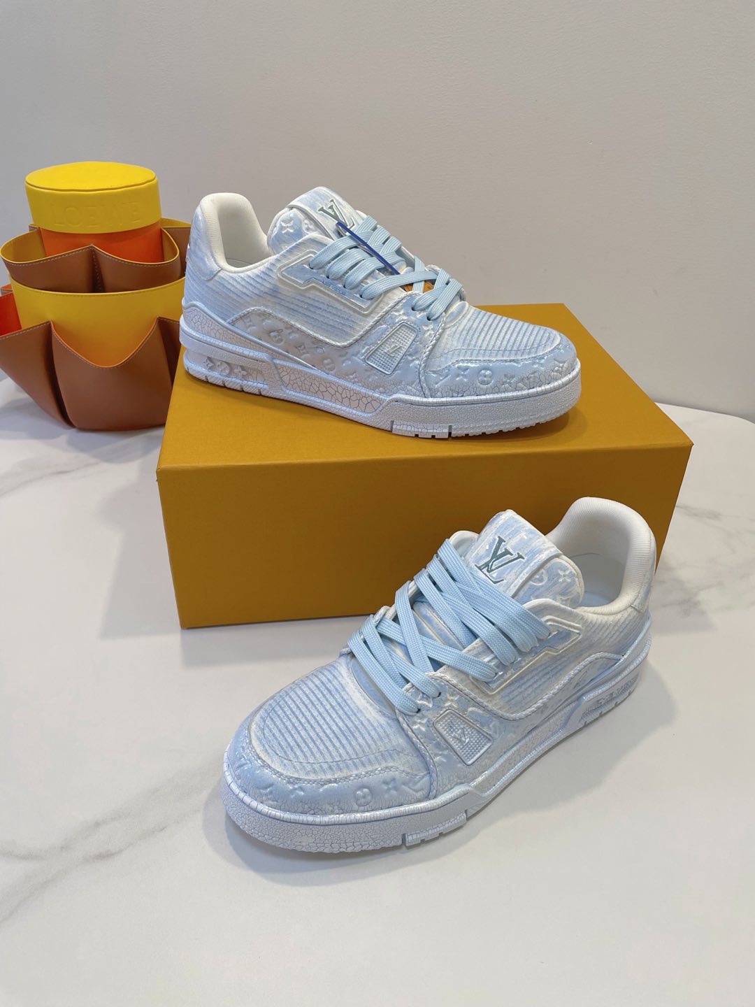LOUIS VUITTON LV TRAINER MAXI SNEAKER IN WHITE MIX LIGHT BLUE EMBOSSED CALFSKIN