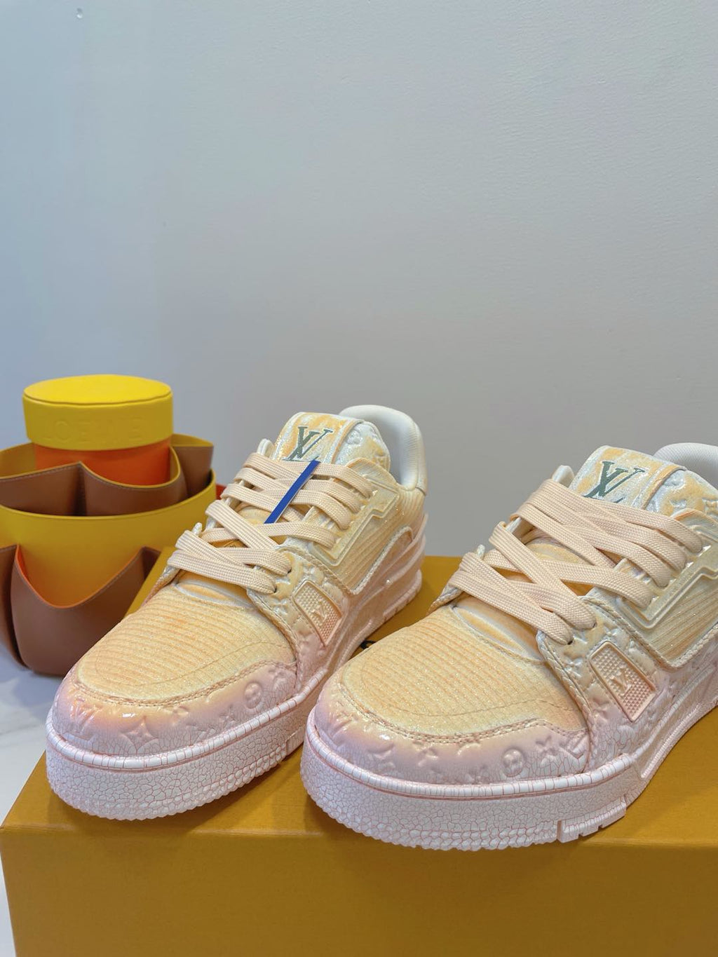 LOUIS VUITTON LV TRAINER MAXI SNEAKER IN LIGHT PINK OMBRE ORANGE EMBOSSED CALFSKIN