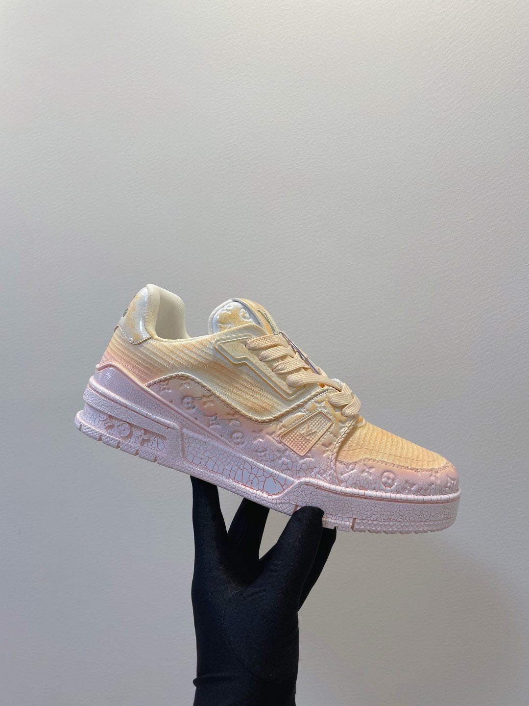 LOUIS VUITTON LV TRAINER MAXI SNEAKER IN LIGHT PINK OMBRE ORANGE EMBOSSED CALFSKIN