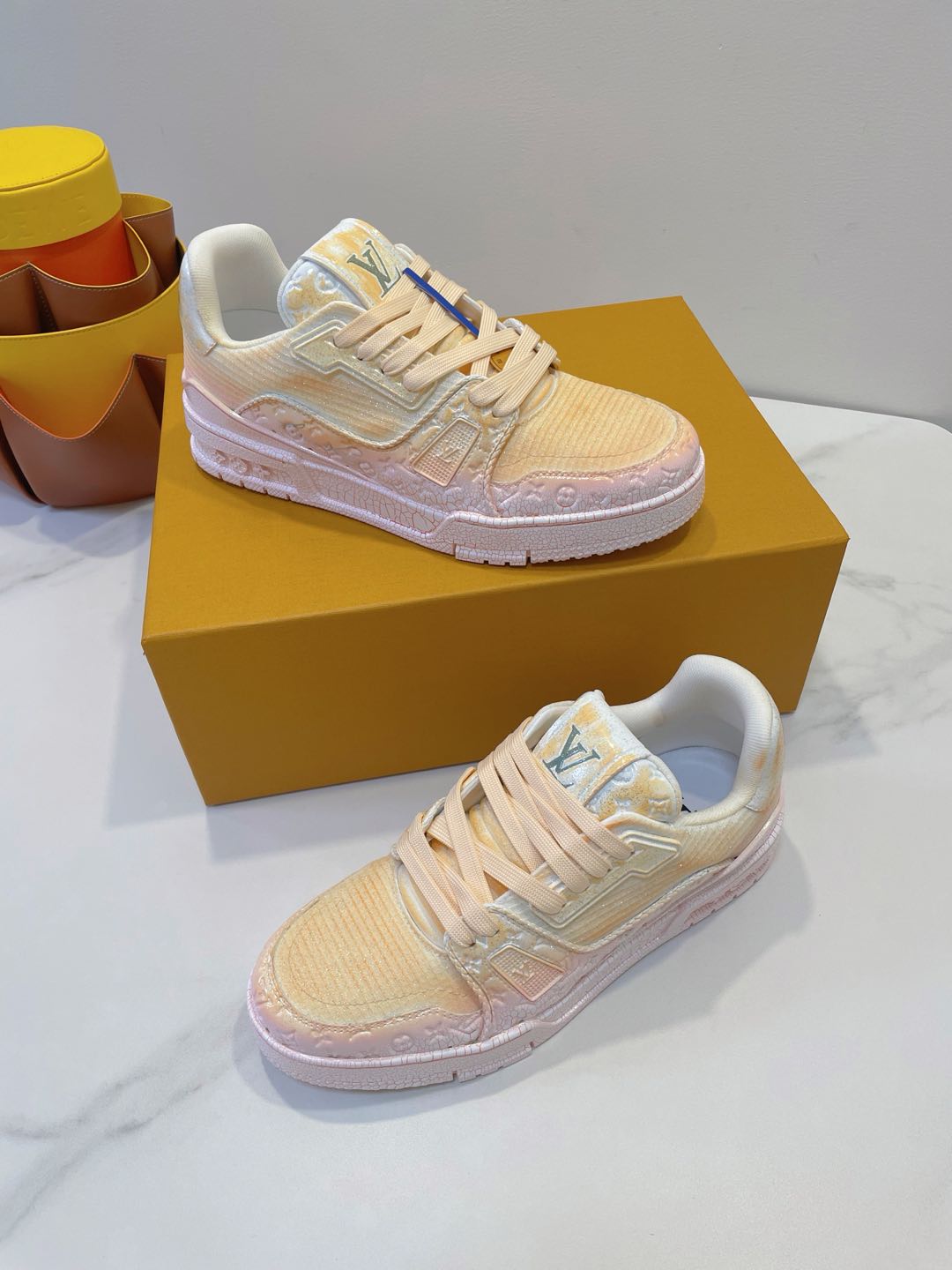 LOUIS VUITTON LV TRAINER MAXI SNEAKER IN LIGHT PINK OMBRE ORANGE EMBOSSED CALFSKIN