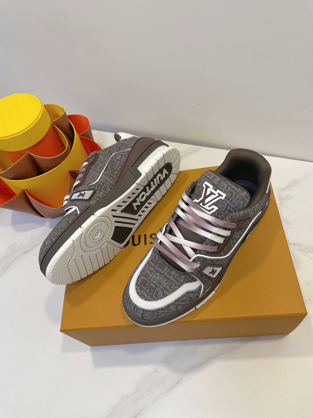 LOUIS VUITTON TRAINER SNEAKER IN WOOD BROWN MONOGRAM DENIM FABRIC