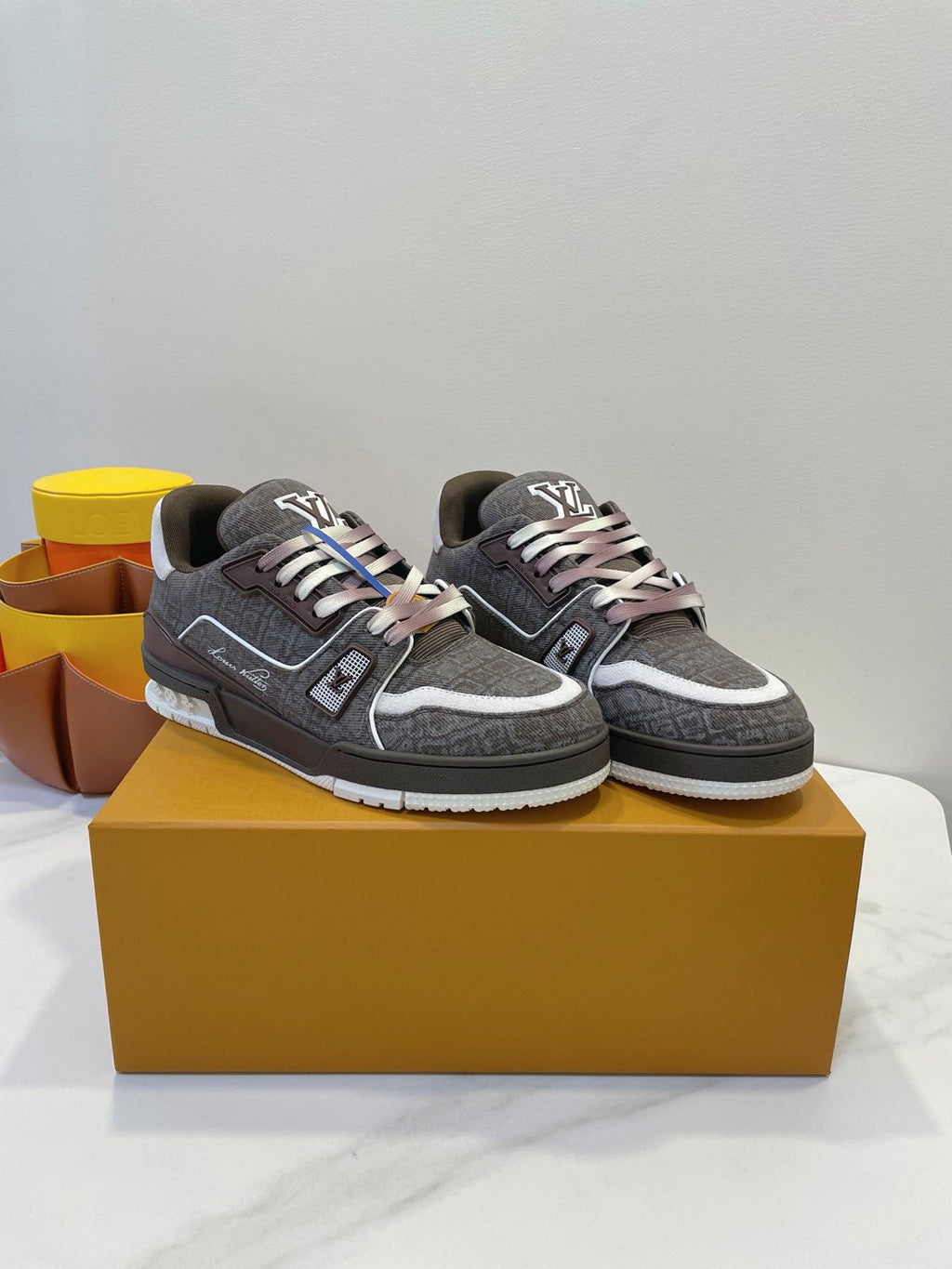 LOUIS VUITTON TRAINER SNEAKER IN WOOD BROWN MONOGRAM DENIM FABRIC