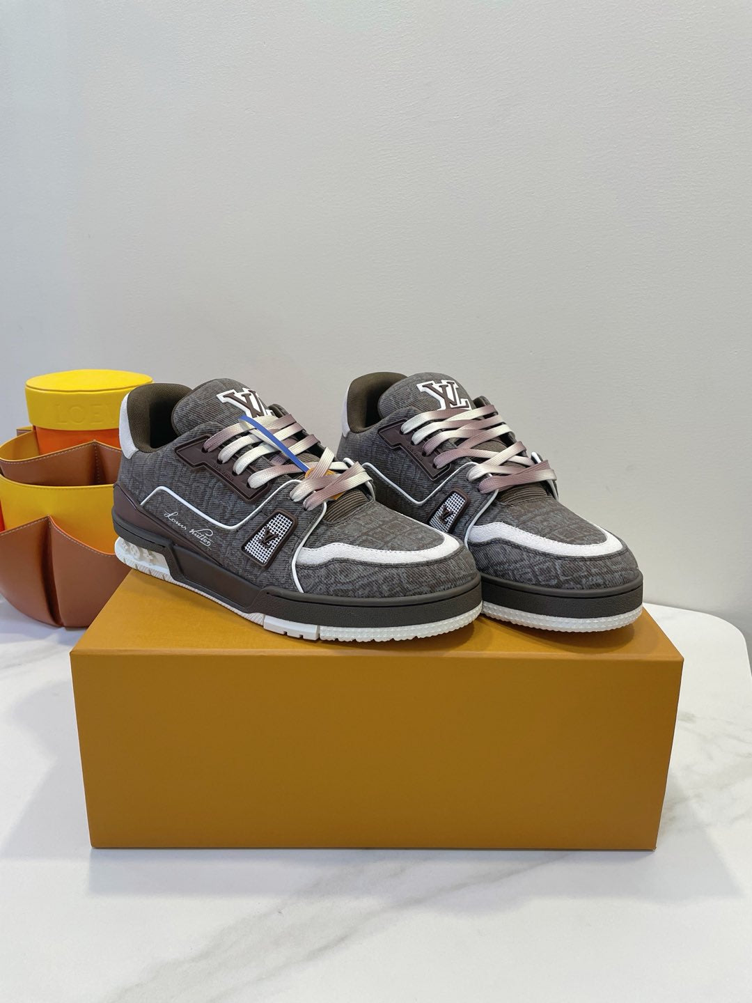 LOUIS VUITTON TRAINER SNEAKER IN WOOD BROWN MONOGRAM DENIM FABRIC