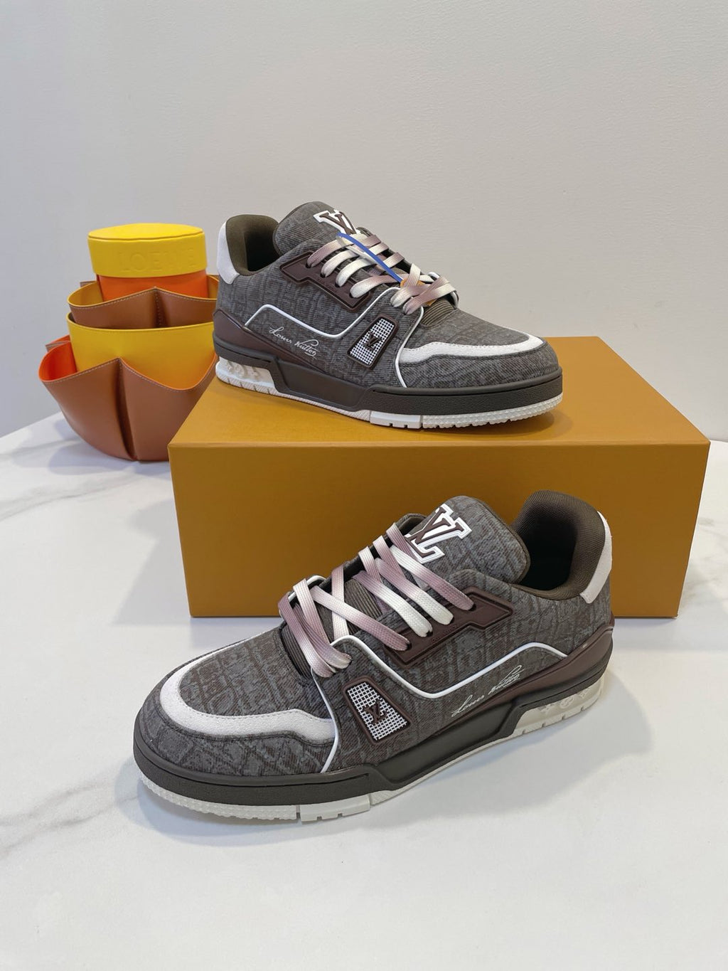 LOUIS VUITTON TRAINER SNEAKER IN WOOD BROWN MONOGRAM DENIM FABRIC