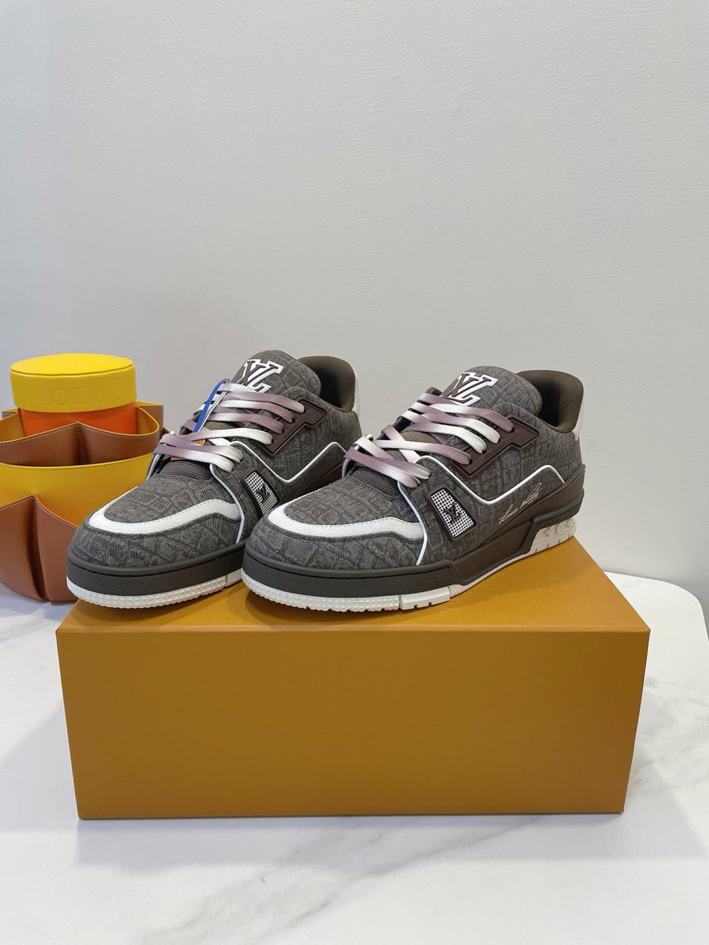 LOUIS VUITTON TRAINER SNEAKER IN WOOD BROWN MONOGRAM DENIM FABRIC
