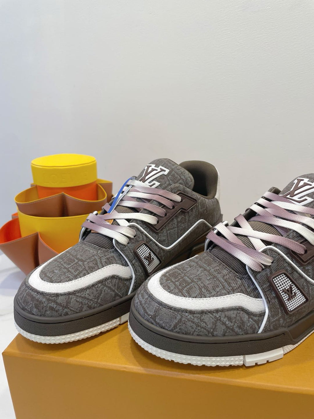LOUIS VUITTON TRAINER SNEAKER IN WOOD BROWN MONOGRAM DENIM FABRIC