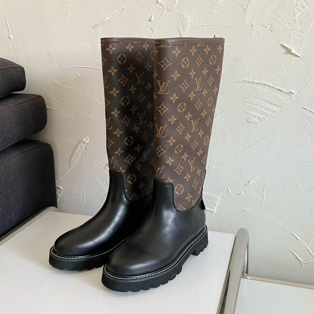 LOUIS VUITTON TERRITORY FLAT HIGH BOOT IN BLACK MIX CHOCOLATE BROWN MONOGRAM CALFSKIN