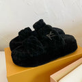 LOUIS VUITTON LV SUNSET PLATFORM COMFORT MULE IN BLACK SHEARLING