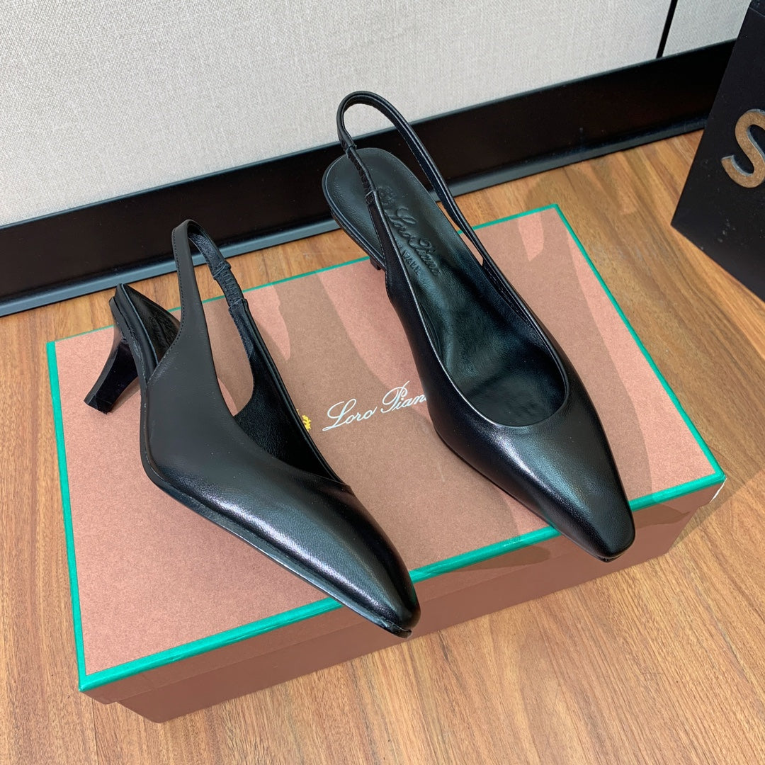 LP POINTED TOE MID-HEEL SLINGBACK BLACK CALFSKIN