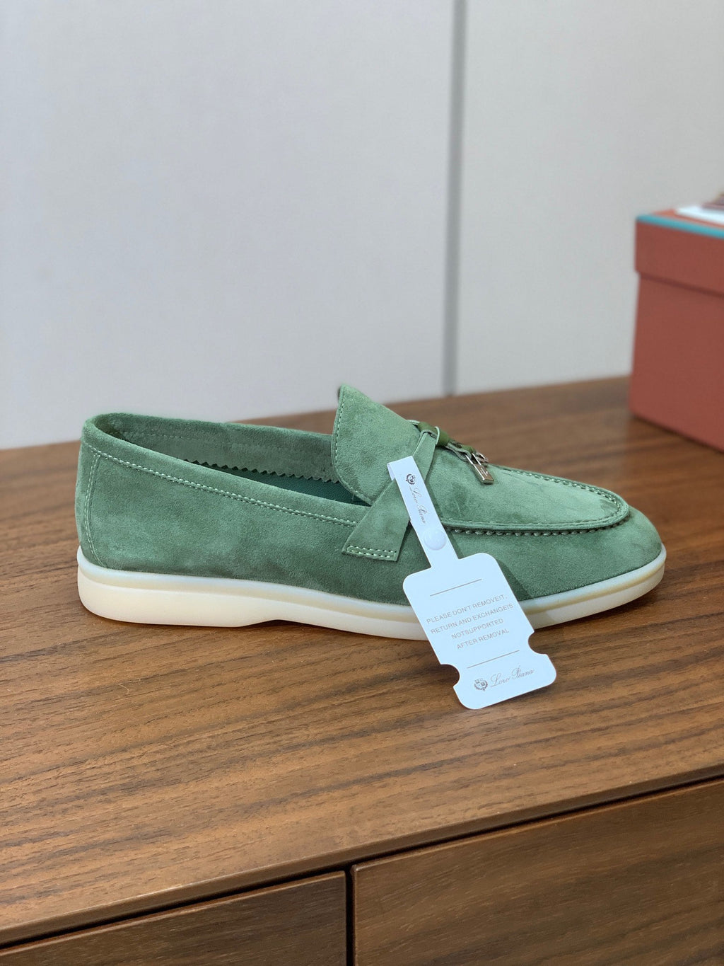 LP LOAFERS 25S IN LIGHT GREEN CASHMERE WITH SILVER HARDWARE