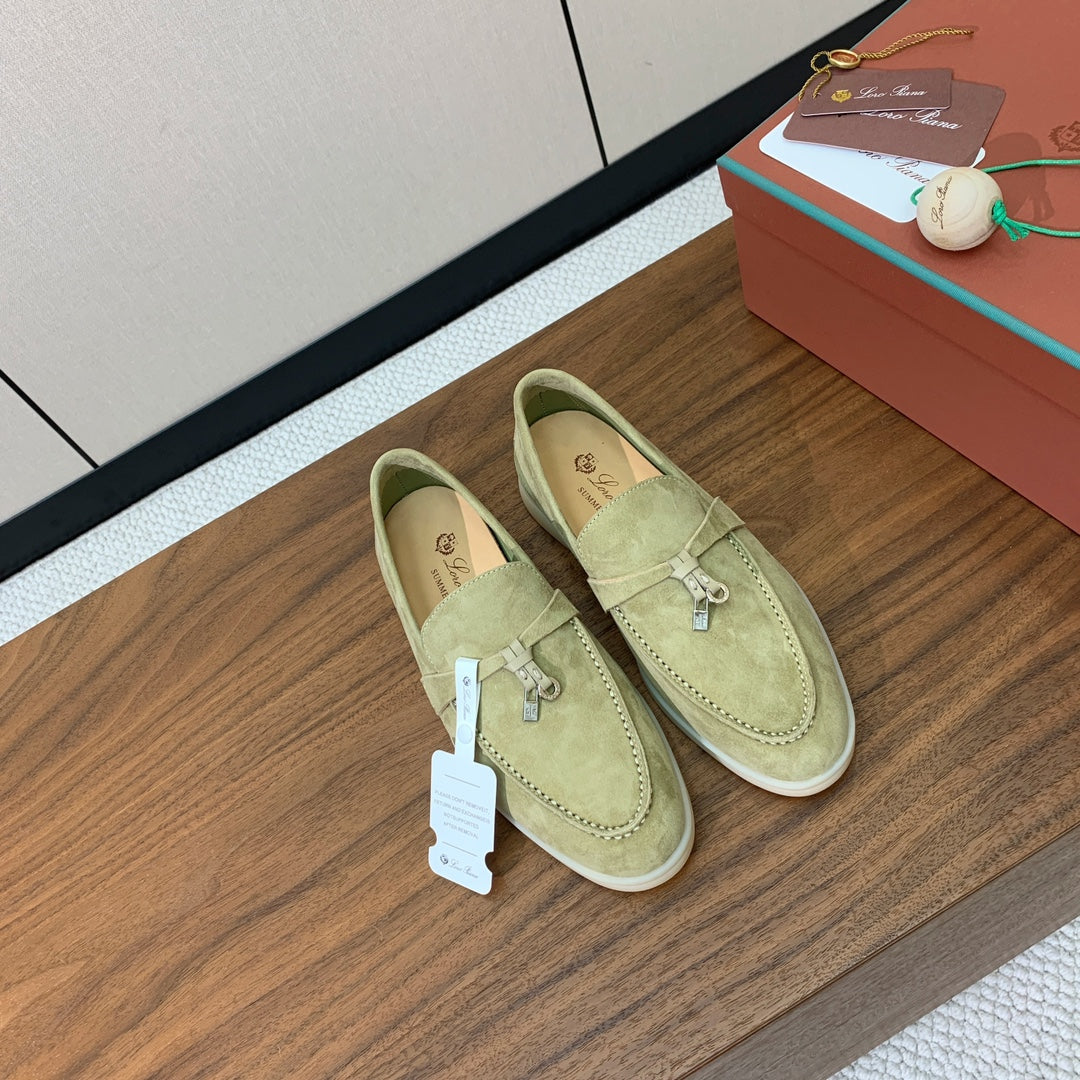 LP LOAFERS 25S IN DRIED LEAF GREEN CASHMERE WITH SILVER HARDWARE