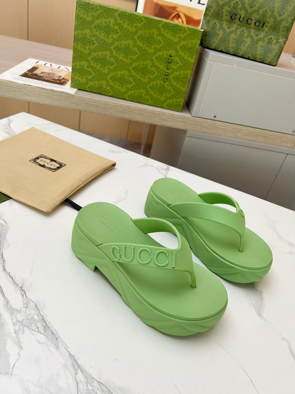 GUCCI THONG PLATFORM IN PISTACHIO GREEN IMPORTED TPU
