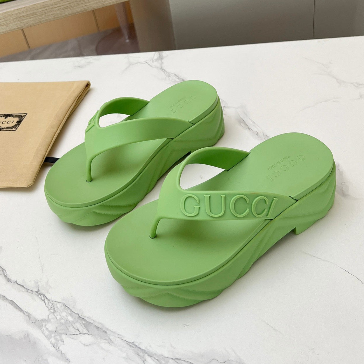 GUCCI THONG PLATFORM IN PISTACHIO GREEN IMPORTED TPU