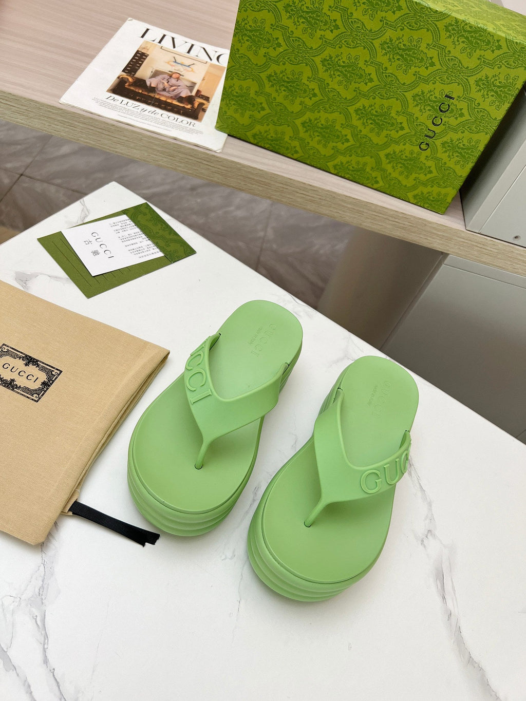 GUCCI THONG PLATFORM 5 CM IN PISCHIATO GREEN IMPORTED TPU