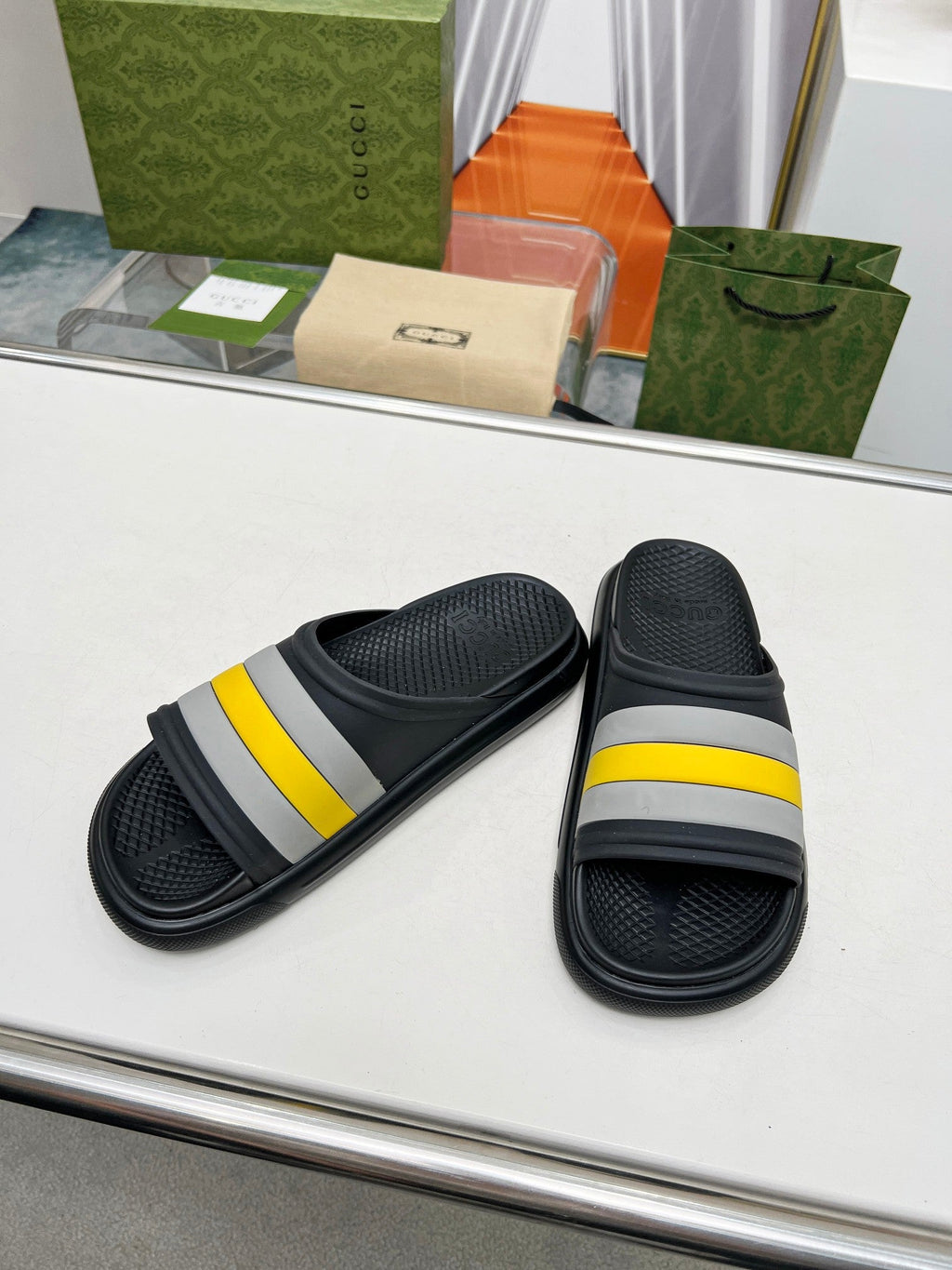 GUCCI PLATFORM SLIPPERS IN BLACK MIX GRAY AND YELLOW IMPORTED TPU