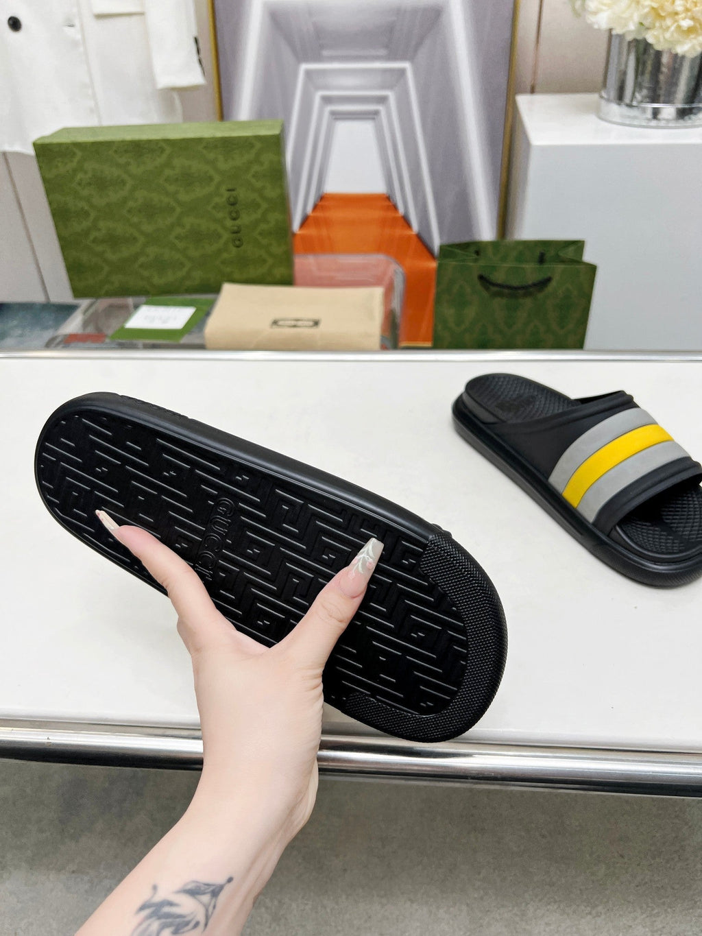 GUCCI PLATFORM SLIPPERS IN BLACK MIX GRAY AND YELLOW IMPORTED TPU