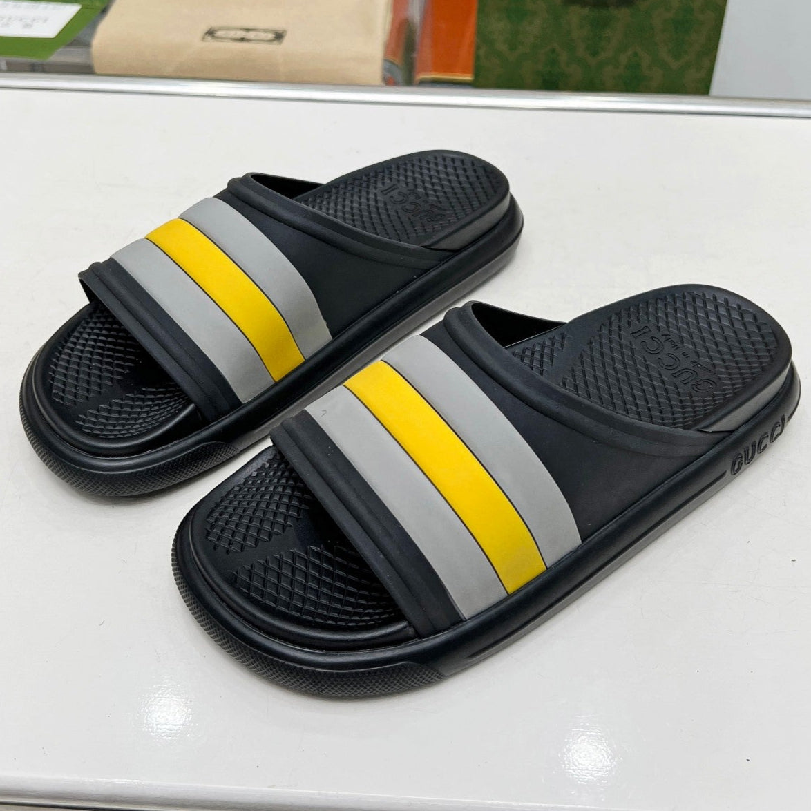 GUCCI PLATFORM SLIPPERS IN BLACK MIX GRAY AND YELLOW IMPORTED TPU
