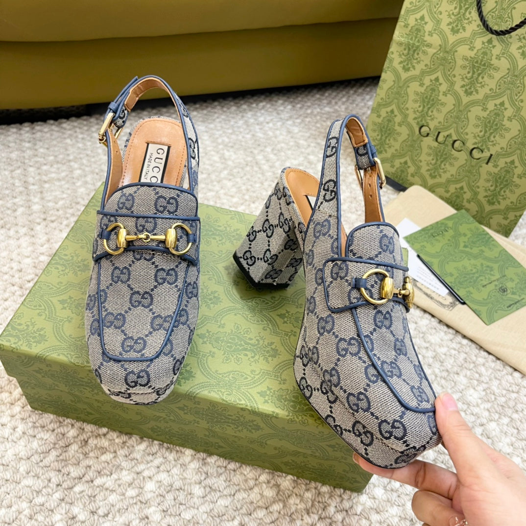 GUCCI HIGH - HEEL SLINGBACK WITH HORSEBIT LIGHT GRAY CALFSKIN