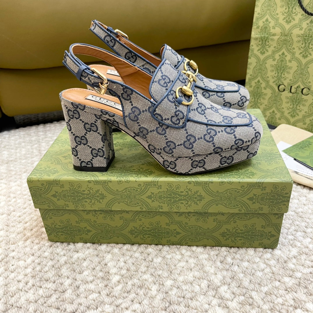 GUCCI HIGH - HEEL SLINGBACK WITH HORSEBIT LIGHT GRAY CALFSKIN