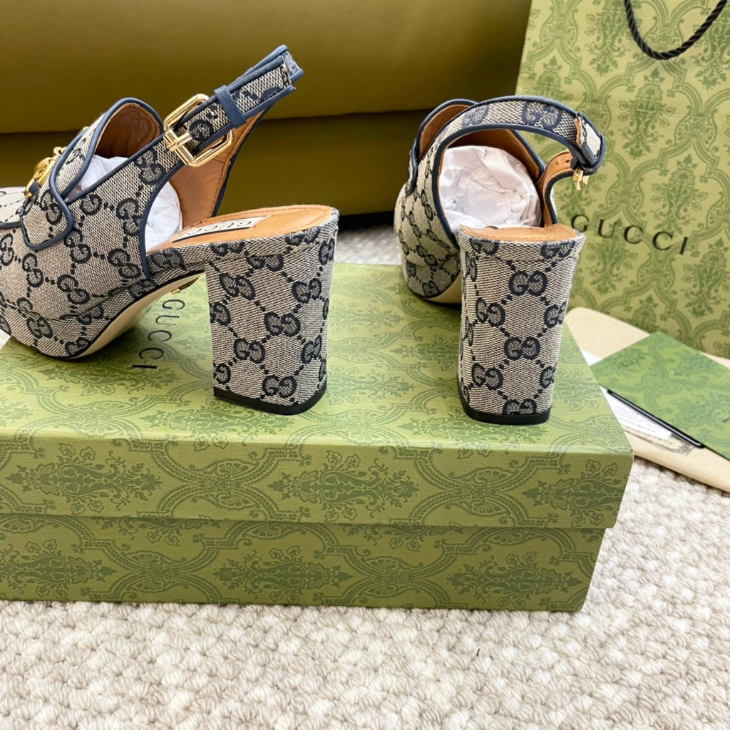 GUCCI HIGH - HEEL SLINGBACK WITH HORSEBIT LIGHT GRAY CALFSKIN