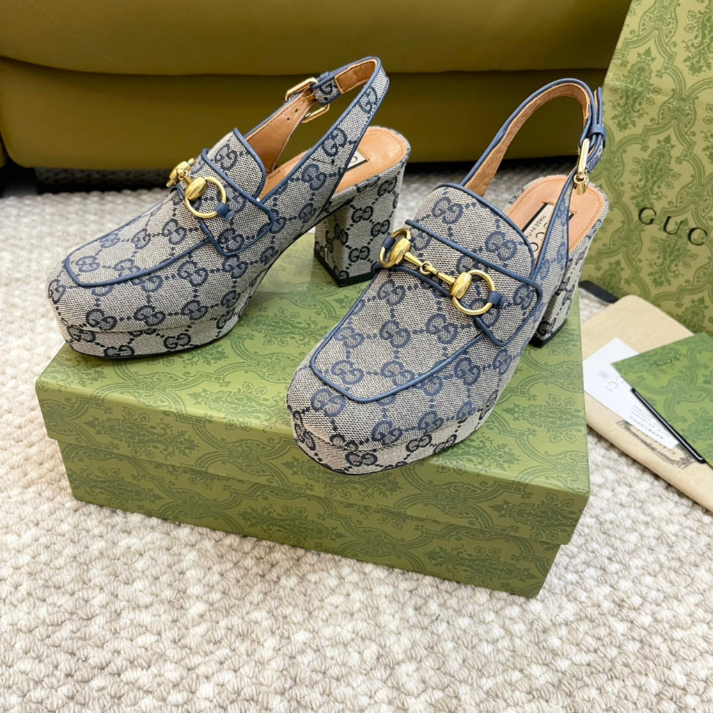 GUCCI HIGH - HEEL SLINGBACK WITH HORSEBIT LIGHT GRAY CALFSKIN
