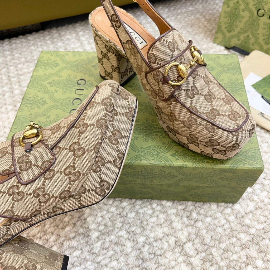 GUCCI HIGH - HEEL SLINGBACK WITH HORSEBIT LIGHT BROWN CALFSKIN