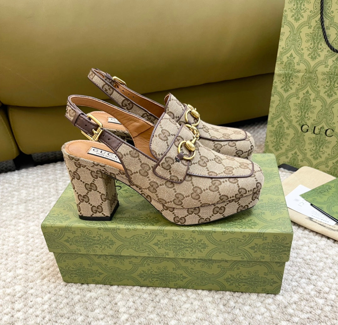 GUCCI HIGH - HEEL SLINGBACK WITH HORSEBIT LIGHT BROWN CALFSKIN