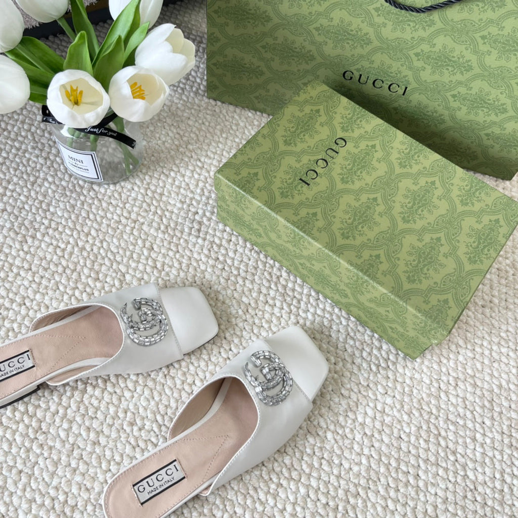 GUCCI CRYSTAL SLIDES SANDAL WHITE CALFSKIN