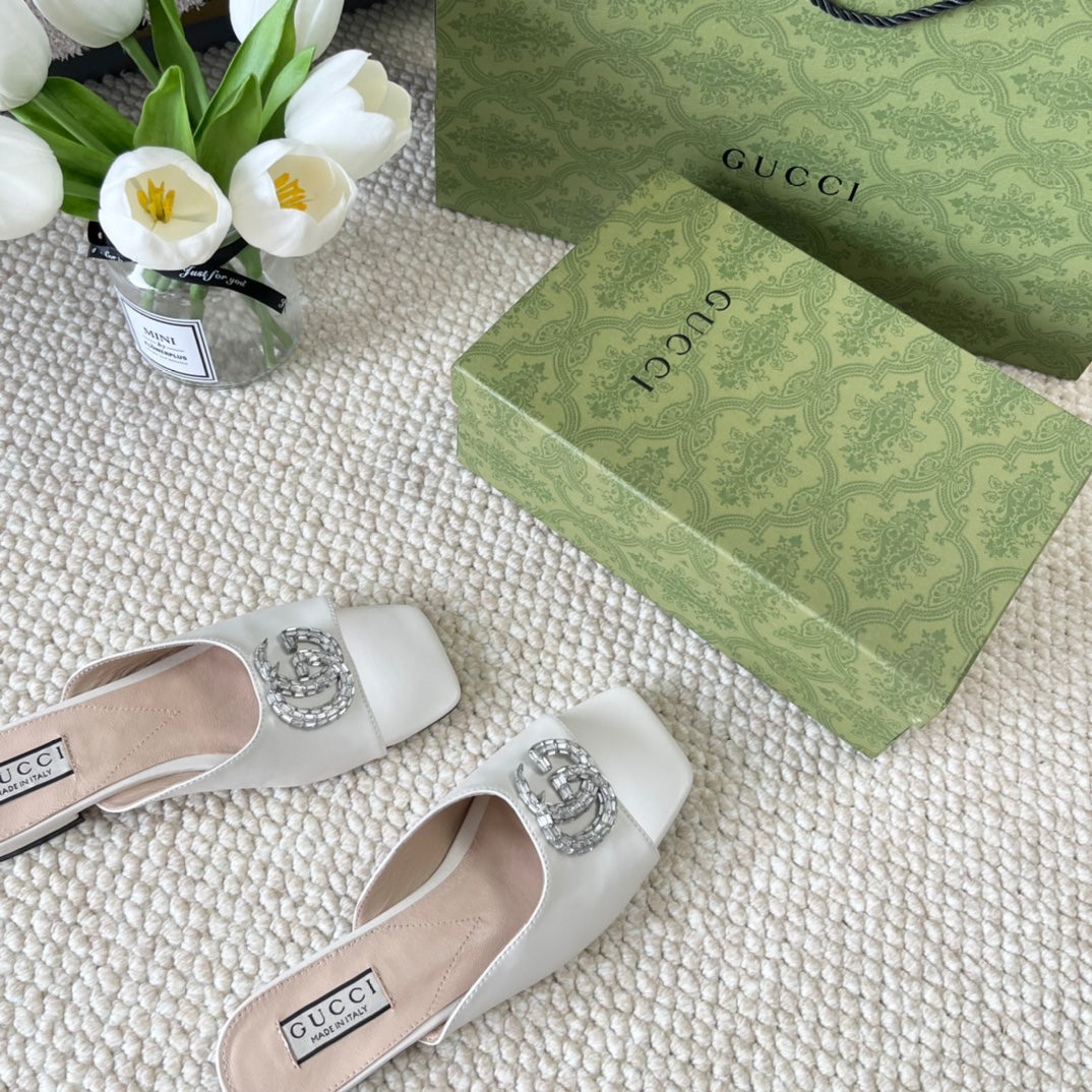 GUCCI CRYSTAL SLIDES SANDAL WHITE CALFSKIN