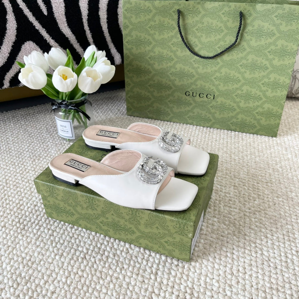 GUCCI CRYSTAL SLIDES SANDAL WHITE CALFSKIN