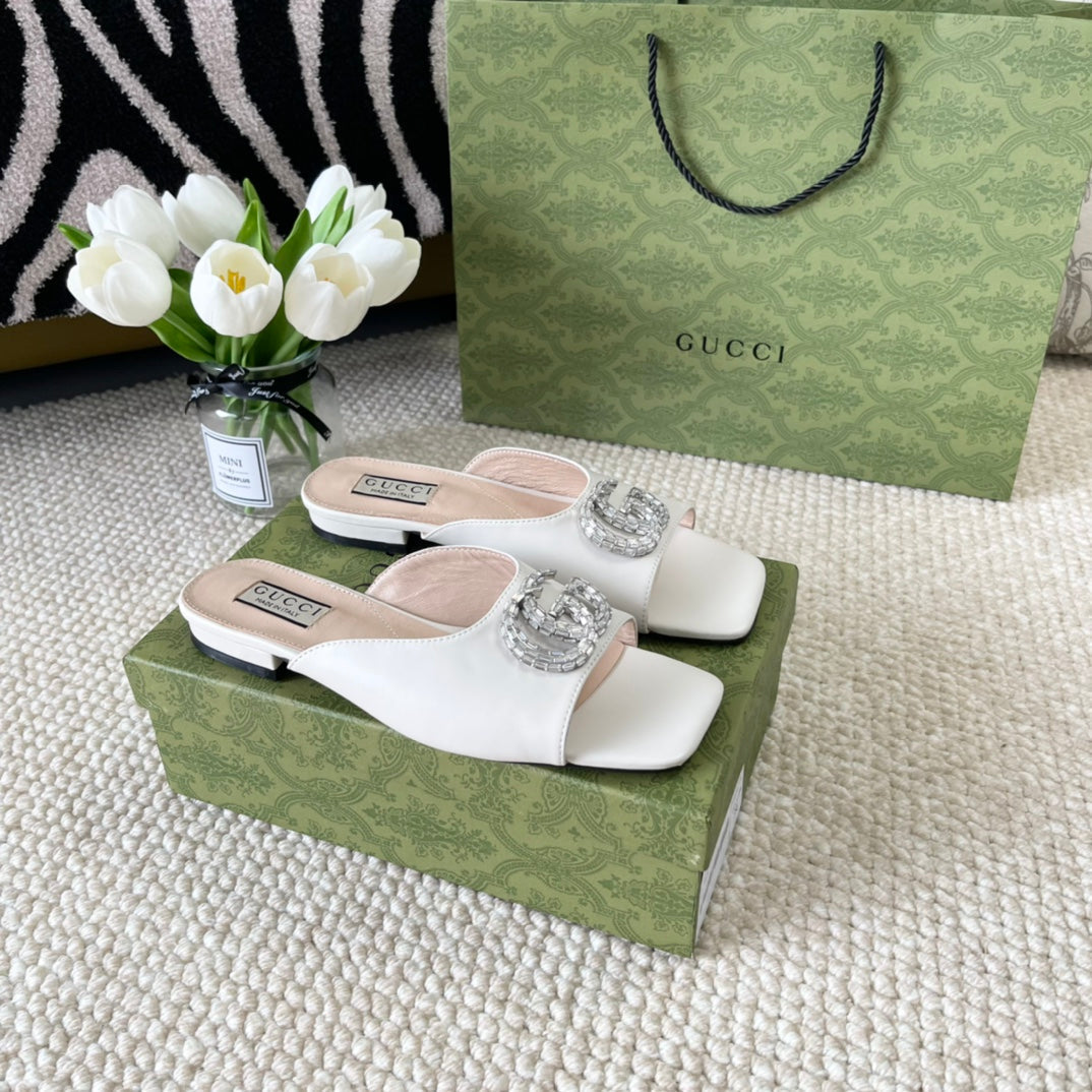 GUCCI CRYSTAL SLIDES SANDAL WHITE CALFSKIN