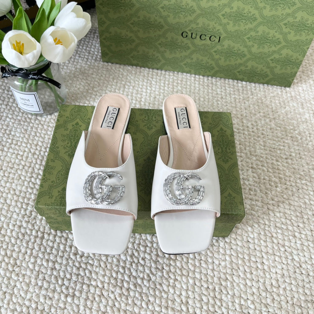 GUCCI CRYSTAL SLIDES SANDAL WHITE CALFSKIN