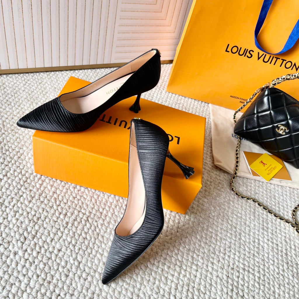 LOUIS VUITTON BLOSSOM PUMP 75 MM IN BLACK IMPORTED STRIPED SILK SATIN
