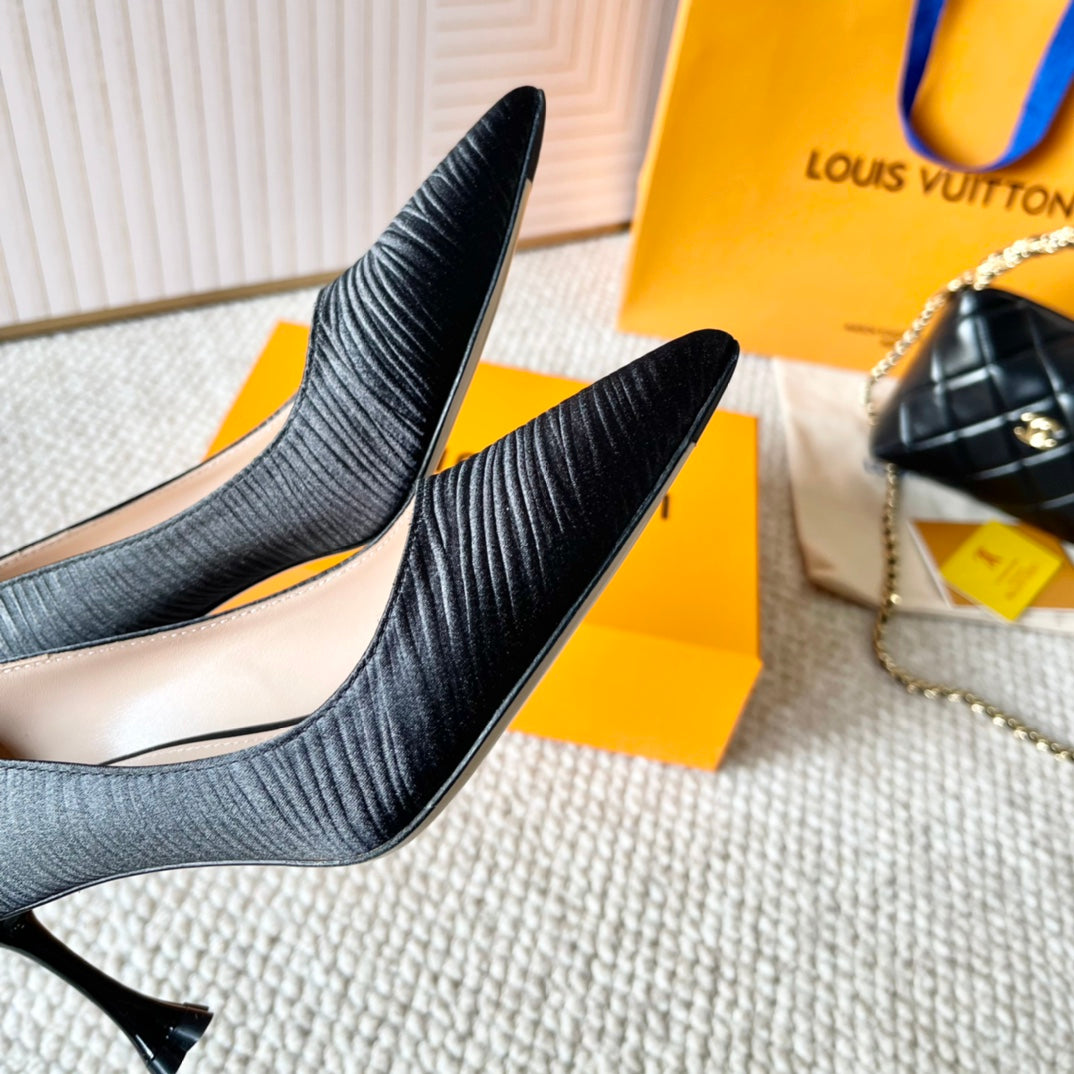 LOUIS VUITTON BLOSSOM PUMP 75 MM IN BLACK IMPORTED STRIPED SILK SATIN