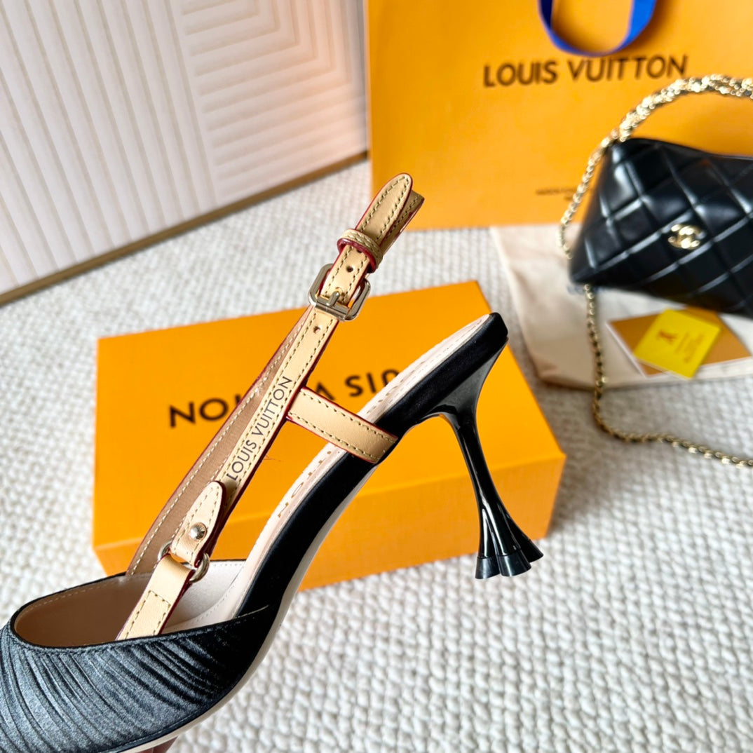 LOUIS VUITTON BLOSSOM PUMP SLINGBACKS 75 MM IN BLACK IMPORTED STRIPED SILK SATIN