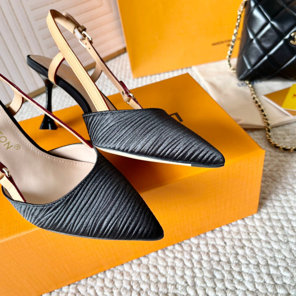 LOUIS VUITTON BLOSSOM PUMP SLINGBACKS 75 MM IN BLACK IMPORTED STRIPED SILK SATIN