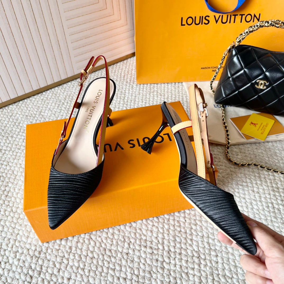 LOUIS VUITTON BLOSSOM PUMP SLINGBACKS 75 MM IN BLACK IMPORTED STRIPED SILK SATIN
