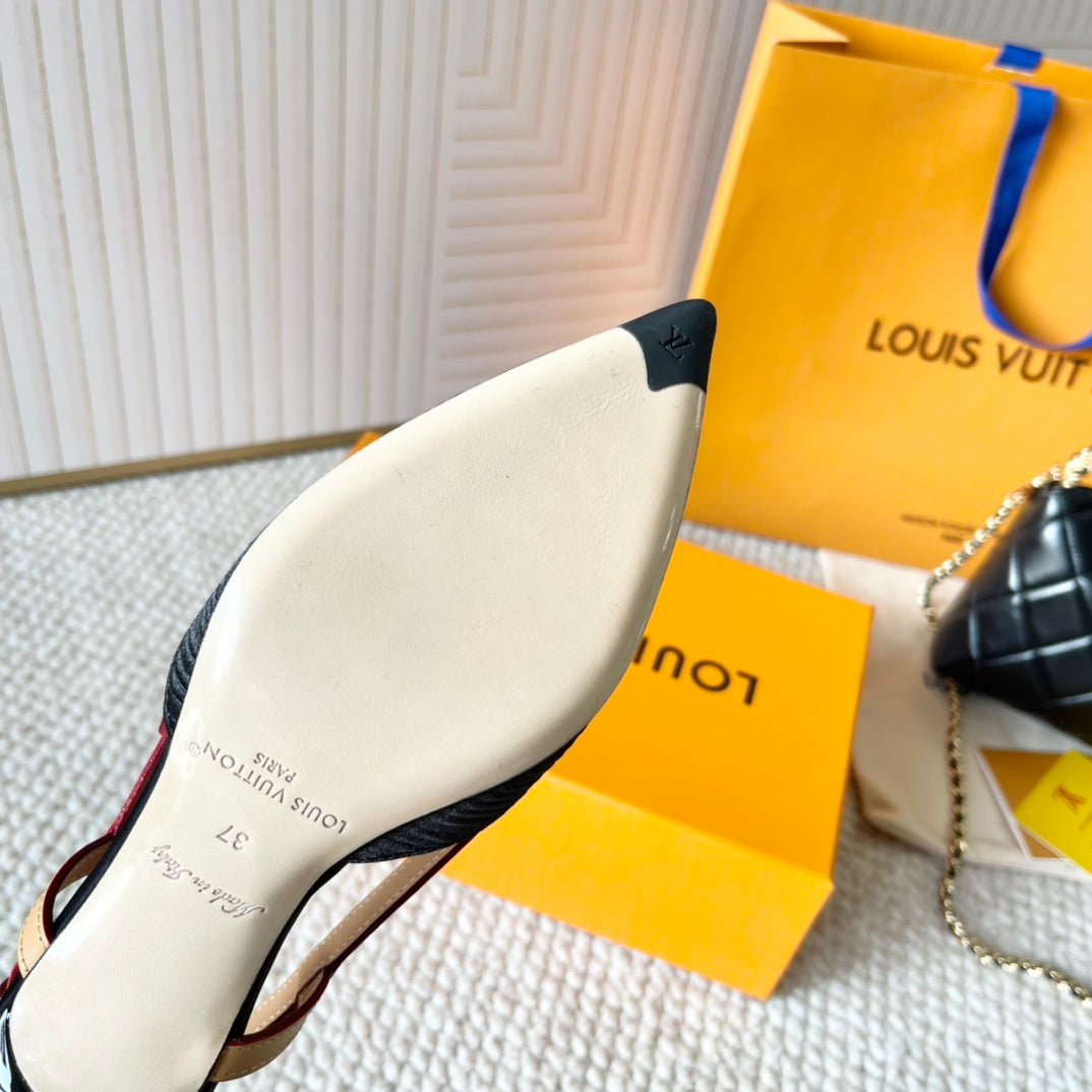 LOUIS VUITTON BLOSSOM PUMP SLINGBACKS 55 MM IN BLACK IMPORTED STRIPED SILK SATIN
