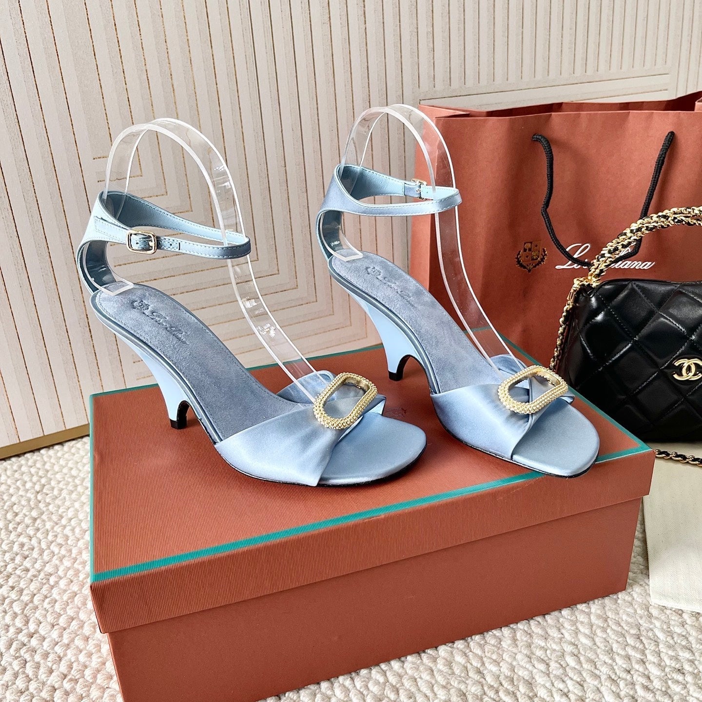 HIGH HEELS SANDALS 80 MM IN PASTEL BLUE SATIN MIX SUEDE