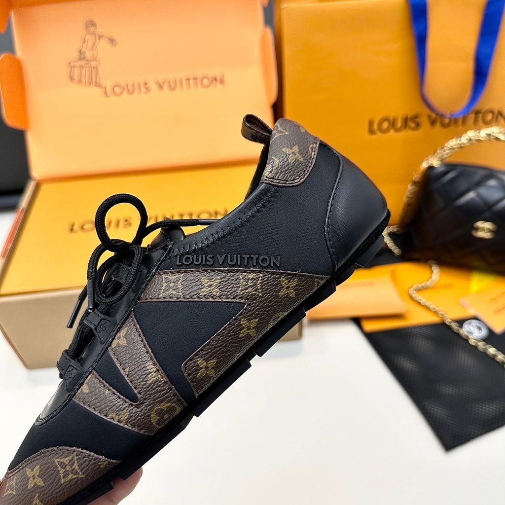 LOUIS VUITTON SNEAKERINA TRAINERS IN BROWN AND BLACK FABRIC AND CANVAS
