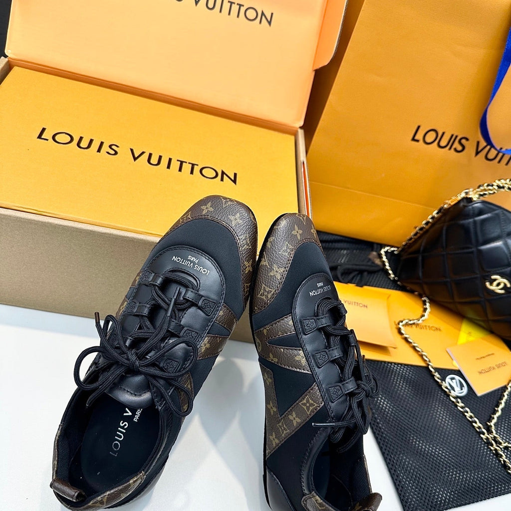 LOUIS VUITTON SNEAKERINA TRAINERS IN BROWN AND BLACK FABRIC AND CANVAS